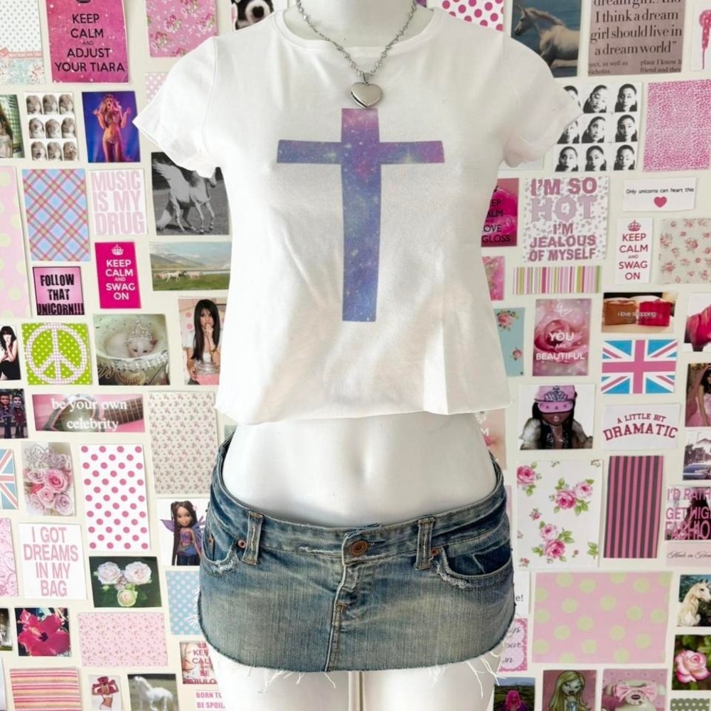 white‎ galaxy cross graphic baby tee